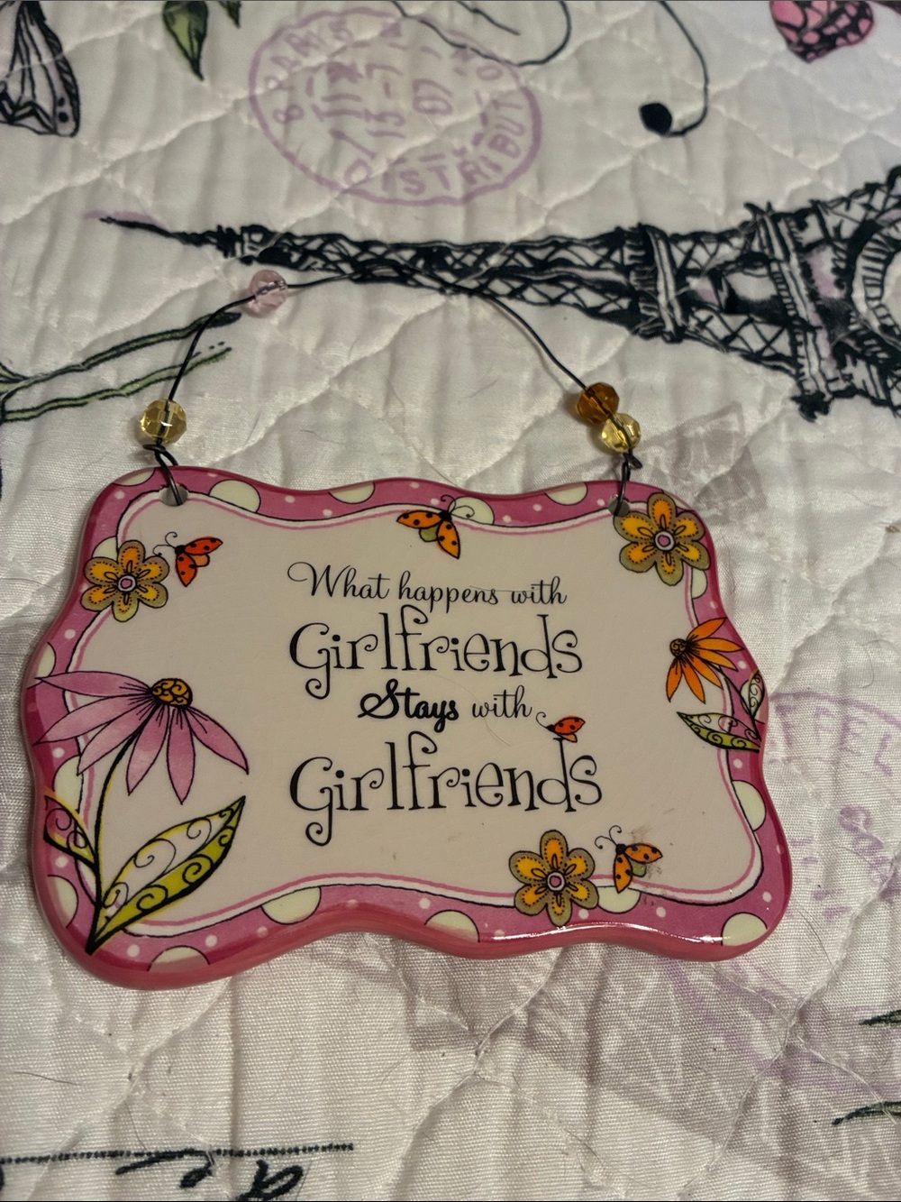 GANZ Small Pink and Yellow Beaded Ceramic Hanging Plaque